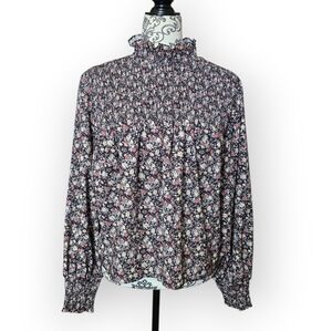 Oak + Fort High Neck Smocked Top Floral Blouse Size Large